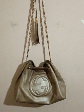 Gold Leather Shoulder Bag with Tassel Chain Strap
